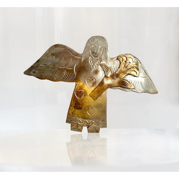 Vintage Jewelry - Artisan Made Guardian Angel Vintage 800 Dual Silver & Gold Toned  Brooch